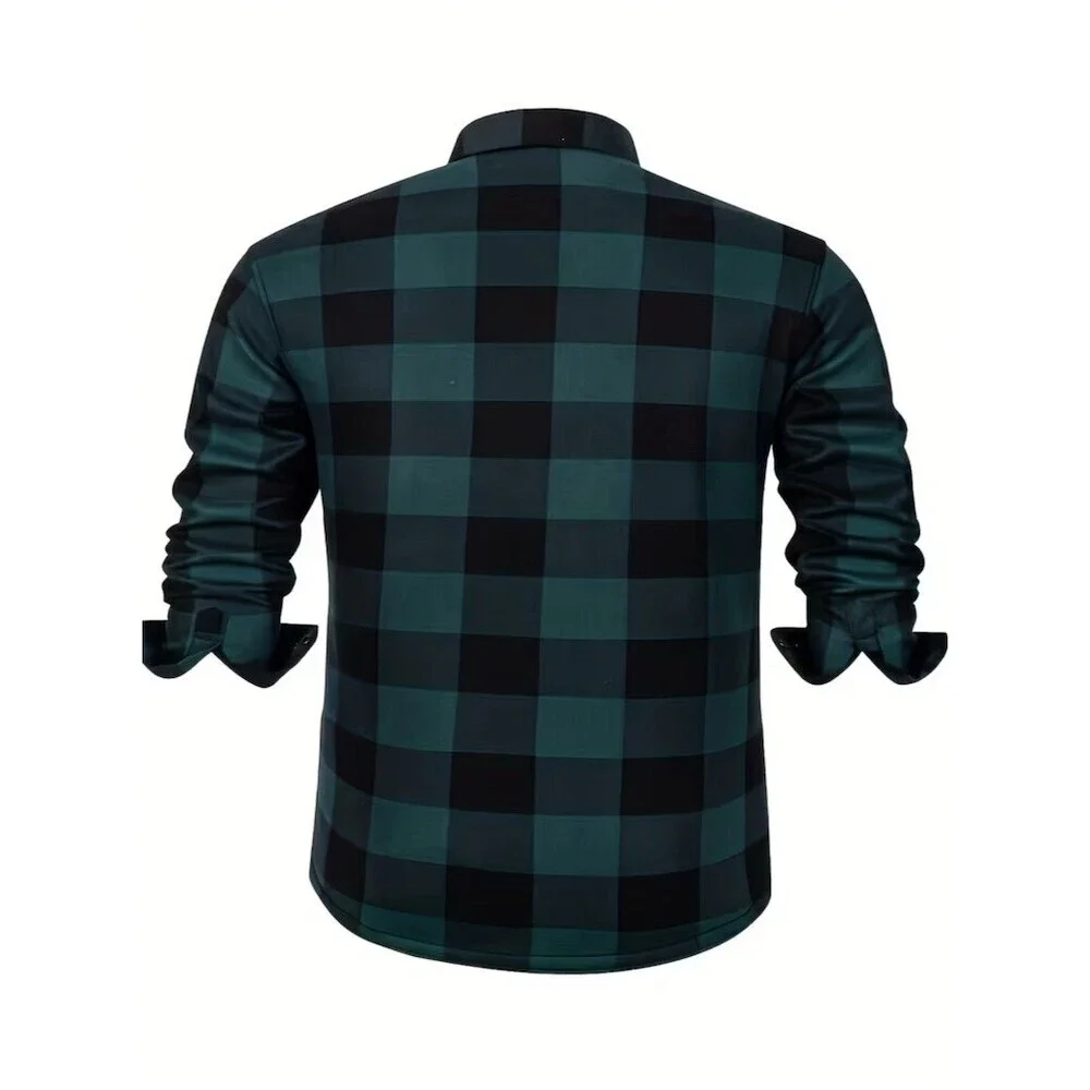 Men’s Shirt Jacket XL Green & Black Buffalo Plaid Fleece Lined Winter Fall Cozy